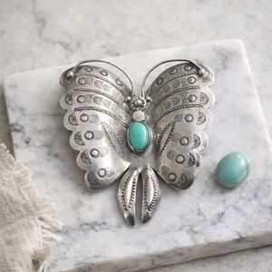 Vintage Silver Butterfly Brooch Turquoise Cabochon Large Stamped Mid Century